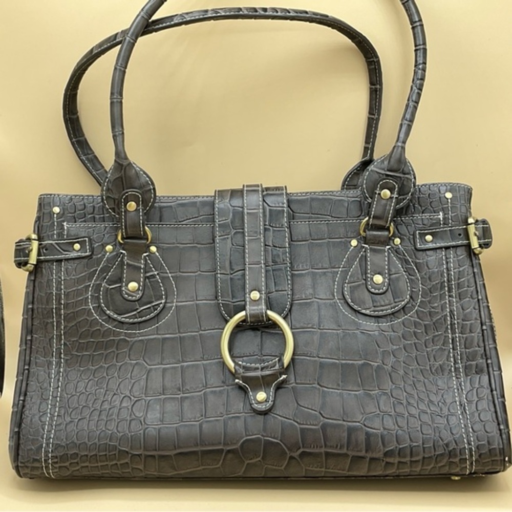 CHARLIE LAPSON Crocodile brown leather embossed shoulder bag.